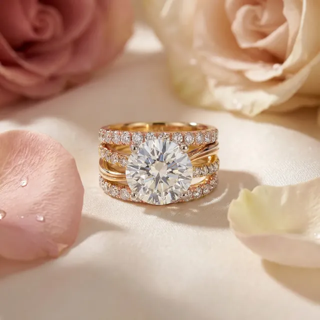 A yellow gold bridal set with a large round diamond among rose petals