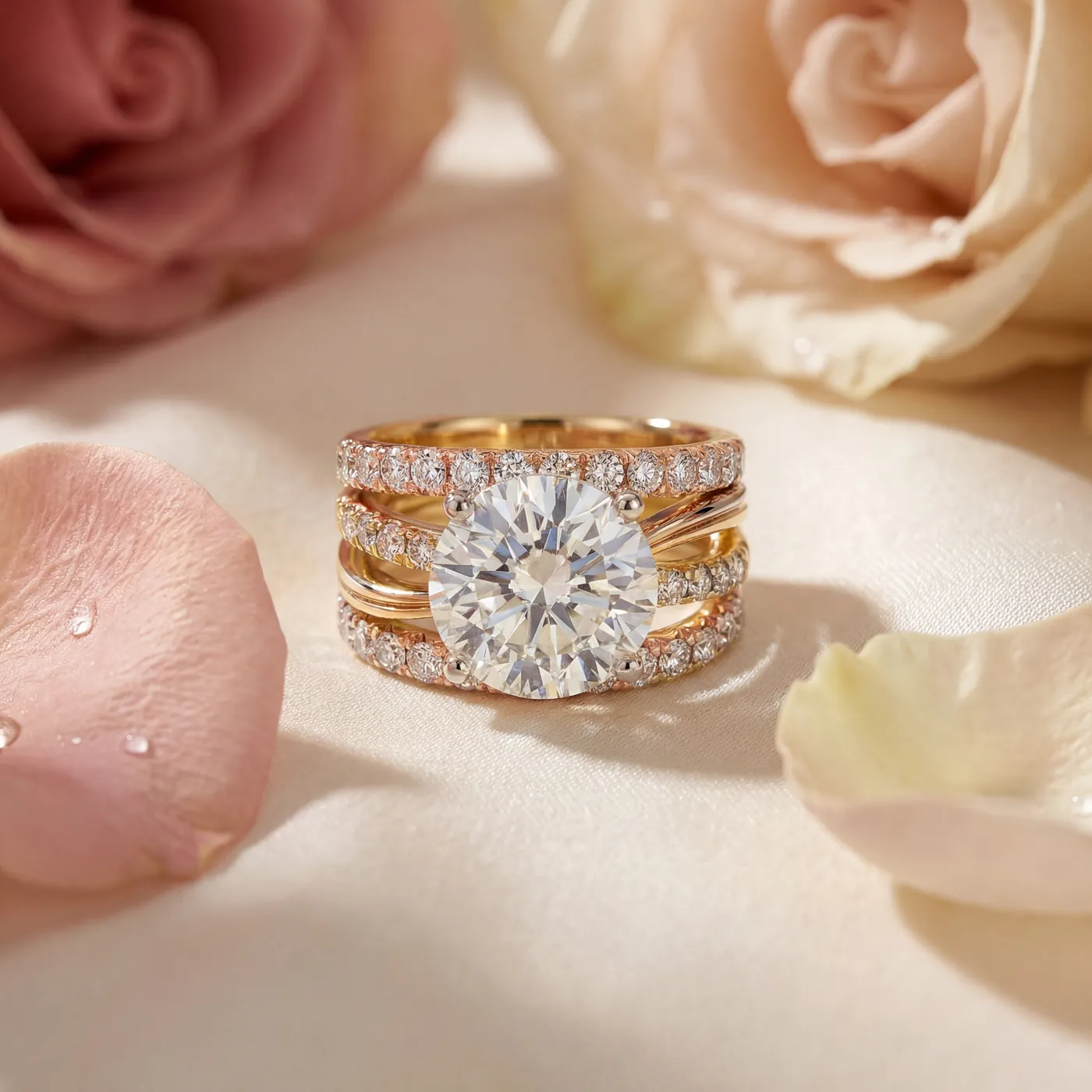 A diamond bridal set among rose petals