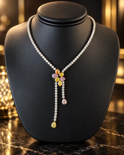 A diamond line necklace with a cluster of yellow, orange and pink pear stones