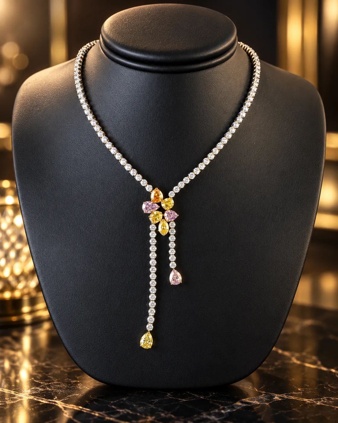 A diamond line necklace with a cluster of yellow, orange and pink pear stones