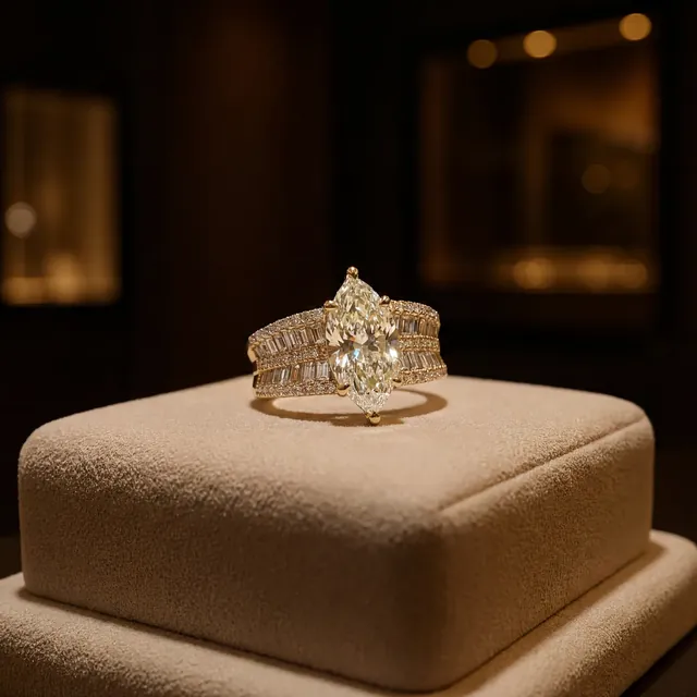 A yellow gold diamond ring in a ring box
