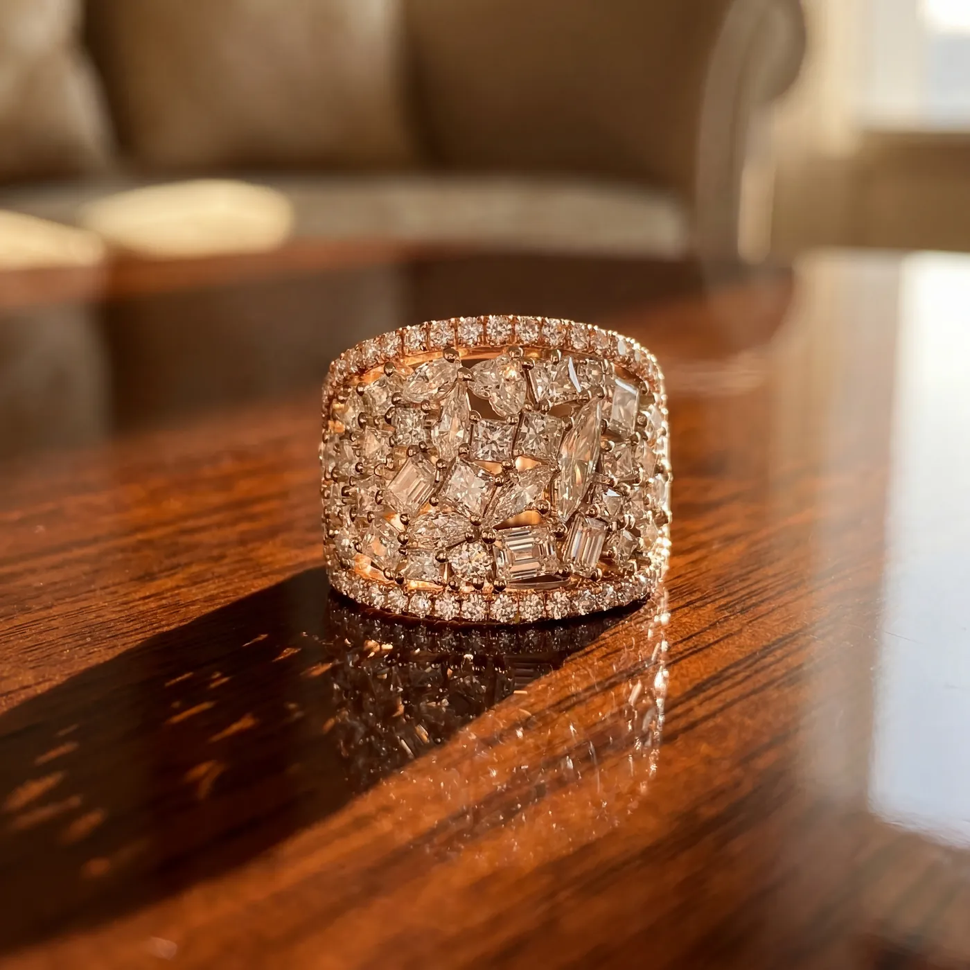 A wide gold band set with champagne diamonds