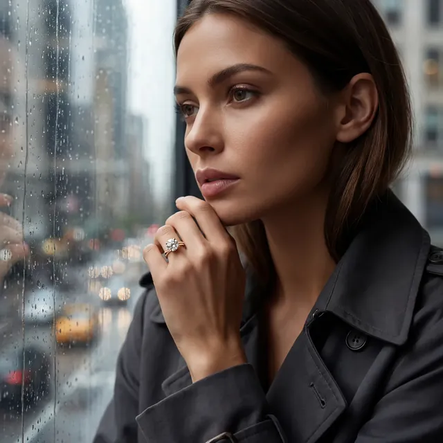 A woman in a dark coat wearing a diamond ring