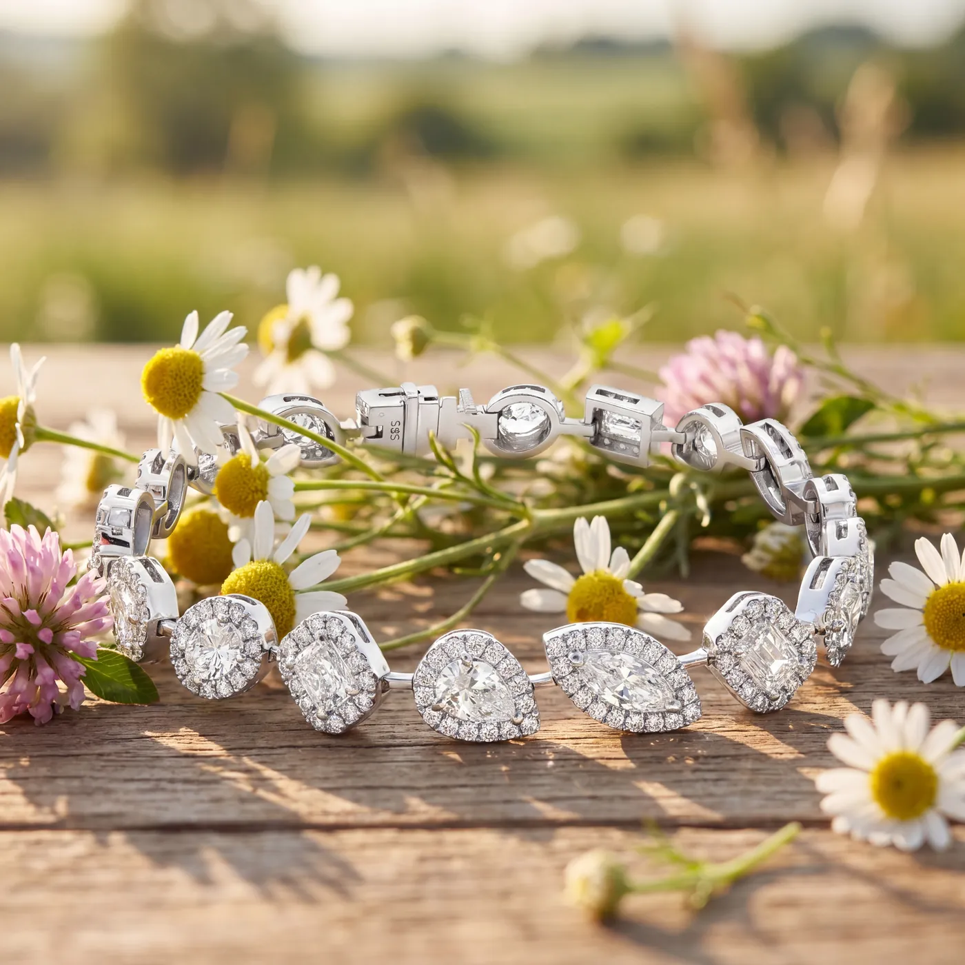 A diamond bracelet laid among daisies