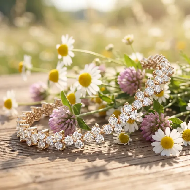 A diamond bracelet lying among daisies and clover