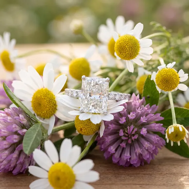 A white gold emerald cut diamond ring among daisies