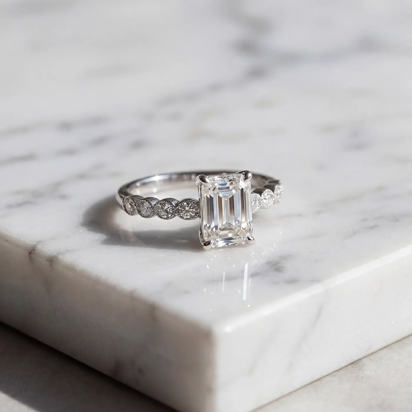 An emerald cut diamond ring on marble