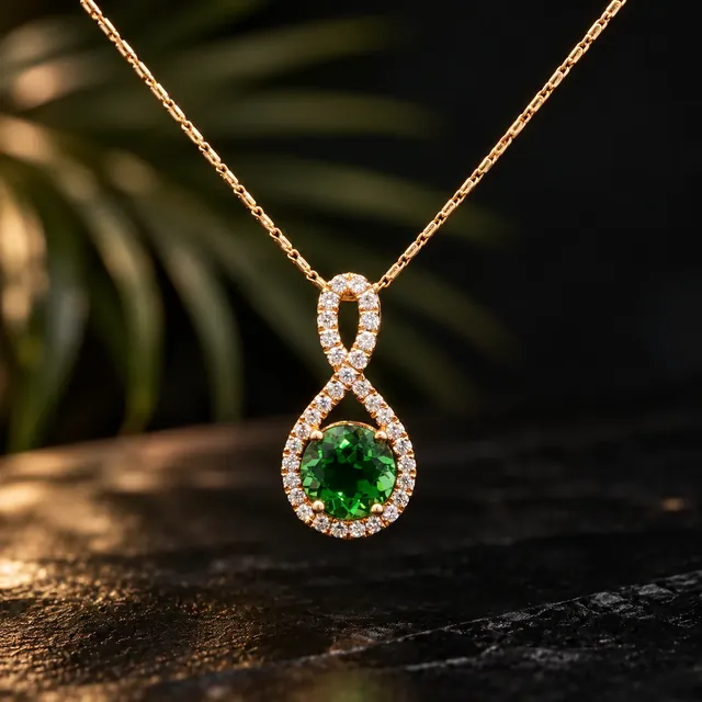 A rose gold infinity pendant with an emerald on black marble