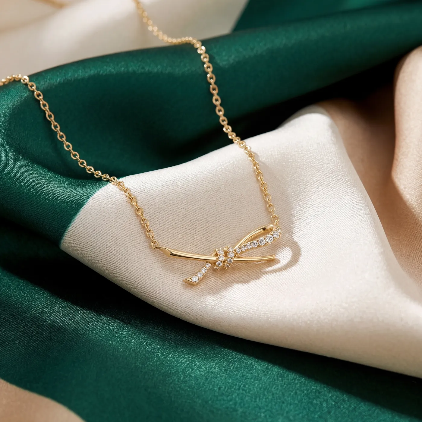 A gold bow necklace on green and ivory silk