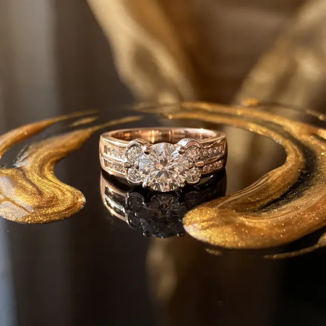 A yellow gold diamond cluster ring on swirls of gold