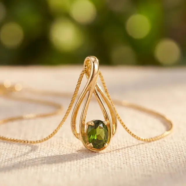 A yellow gold teardrop pendant with a green oval stone
