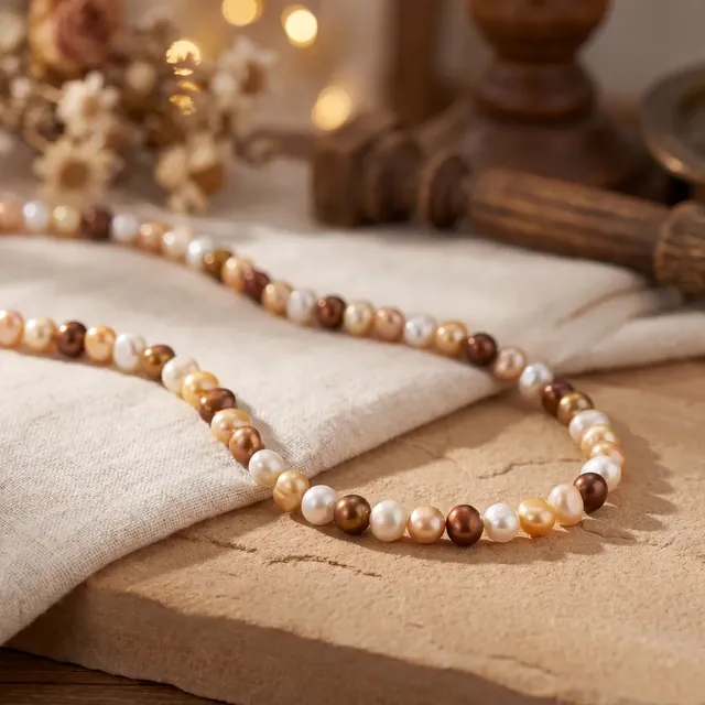 A strand of cream and brown pearls on linen