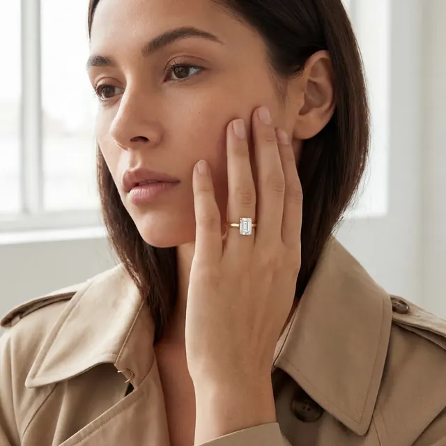 A woman in a trench coat wearing an oval diamond ring