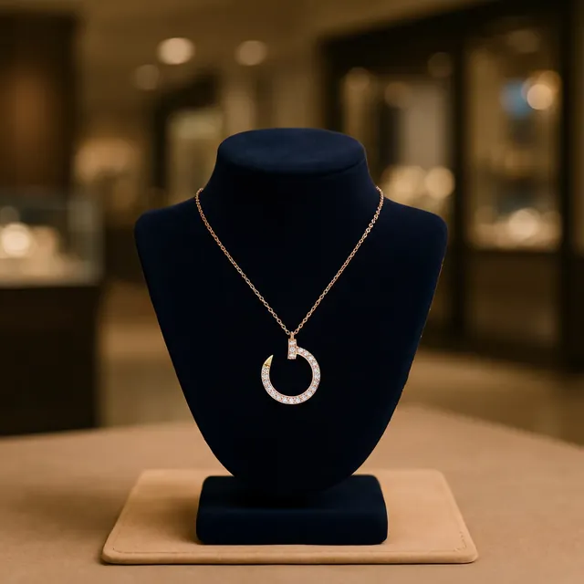 A gold open circle pendant on a navy bust in the store