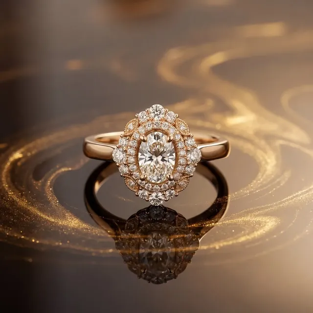 A rose gold oval diamond halo ring on swirls of gold