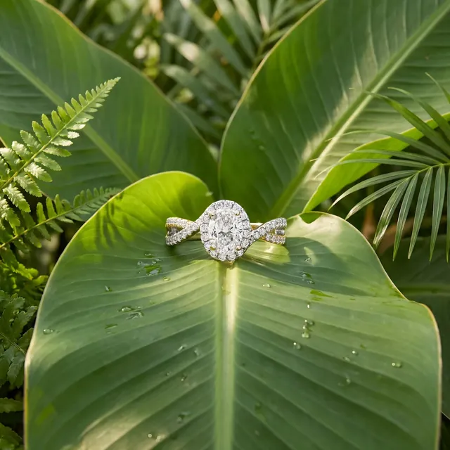 A white gold oval diamond ring on a large green leaf