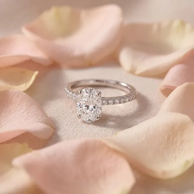 A white gold oval diamond ring among pale petals