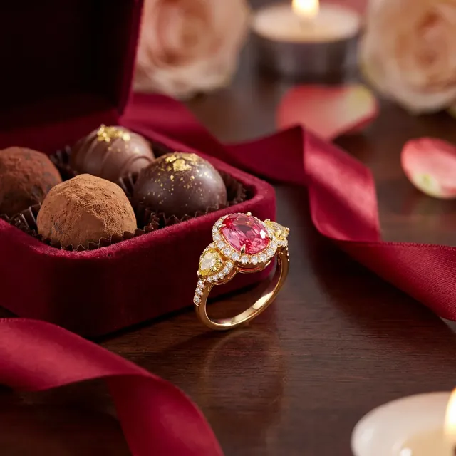 A yellow gold ring with a pink oval stone in a red box beside chocolates