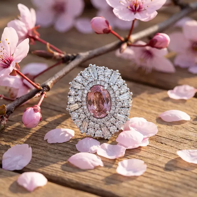 A pink stone ring with a layered diamond halo among blossoms