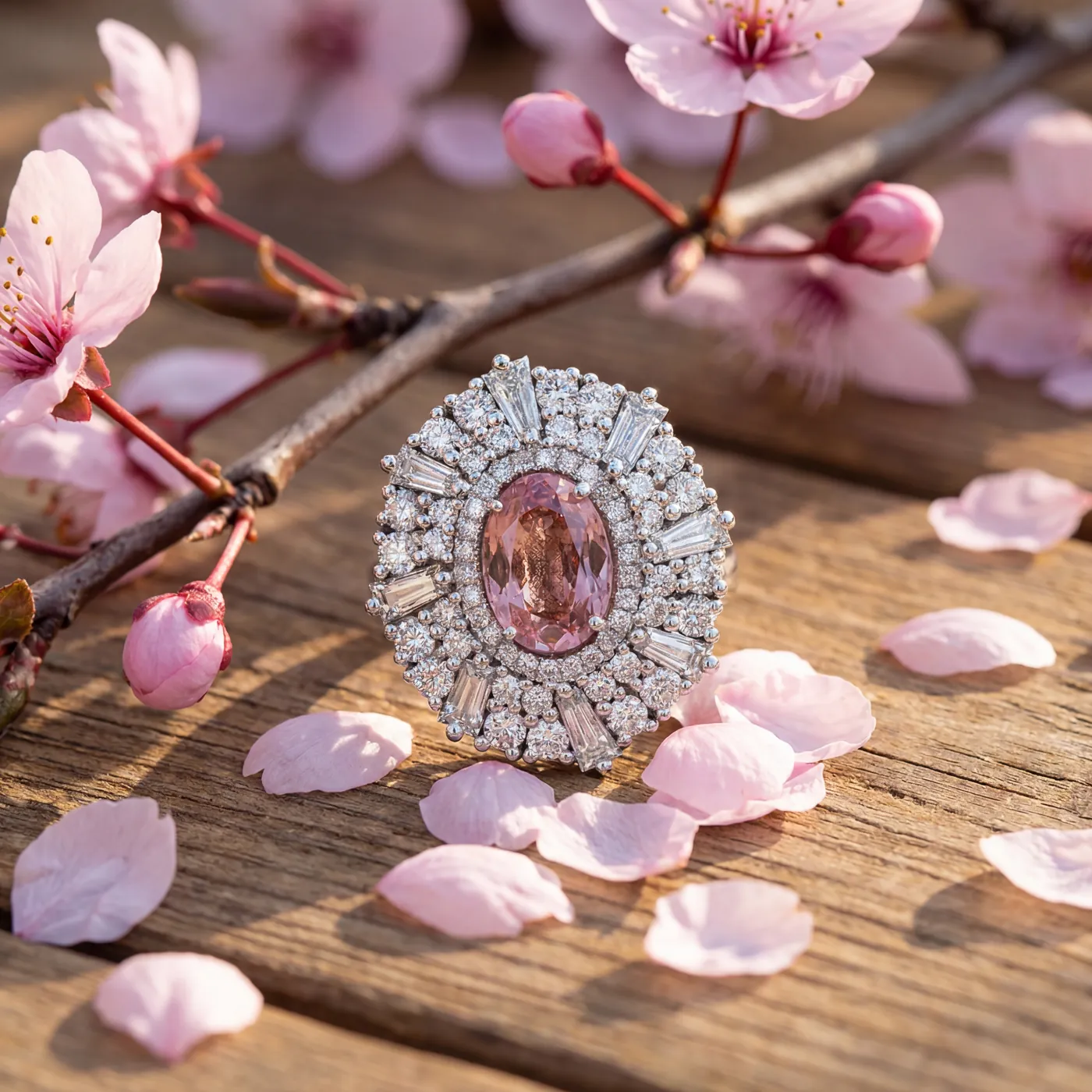 A vintage style halo ring with a pink center stone