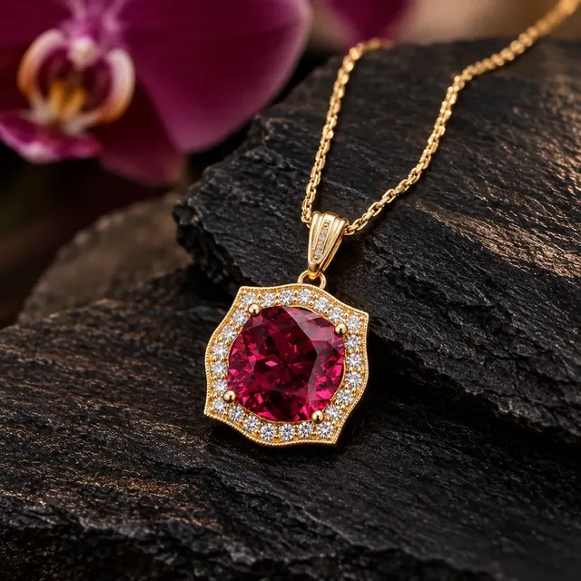 A yellow gold pink stone halo pendant on dark stone