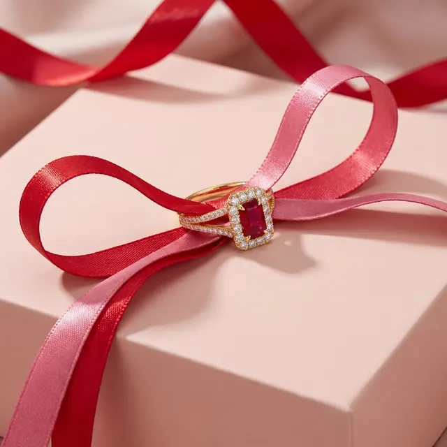 A ruby halo ring on a pink gift box tied with ribbon