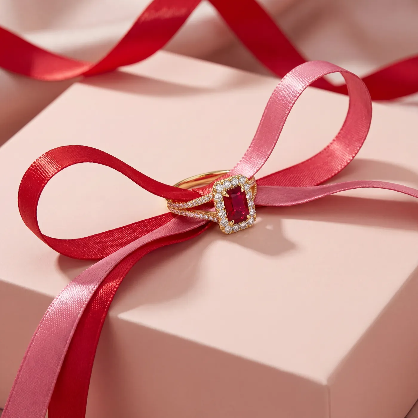 A ruby ring tied with a red ribbon
