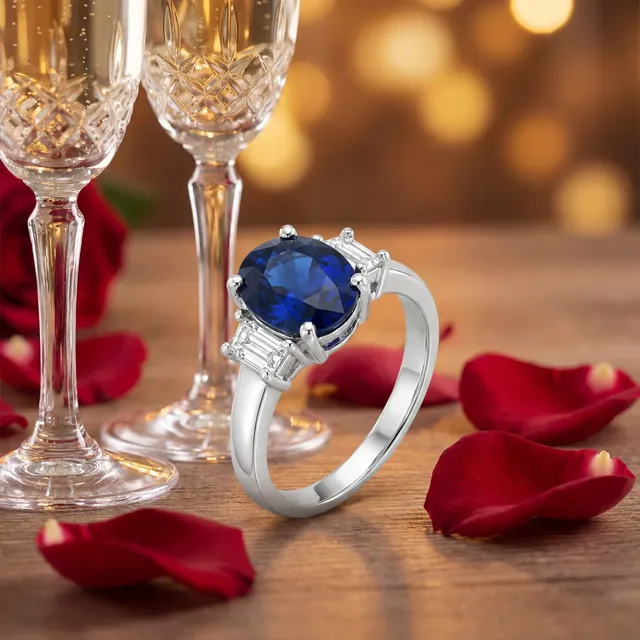 A sapphire ring beside champagne glasses and rose petals