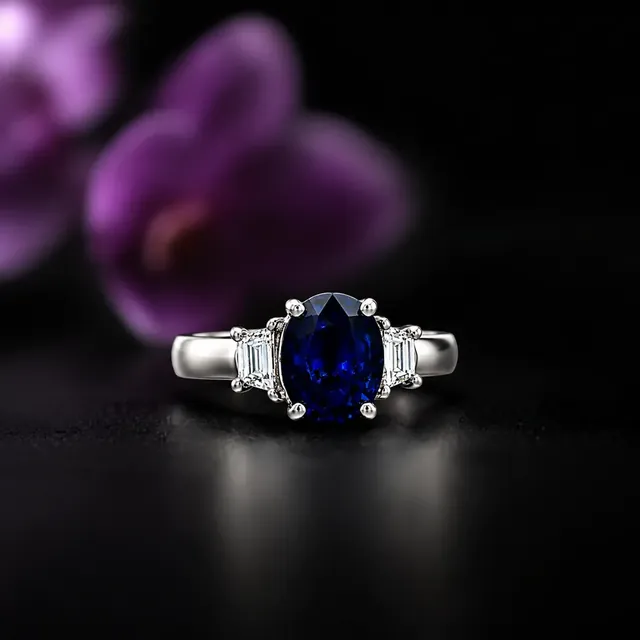 A white gold sapphire and diamond three stone ring on black