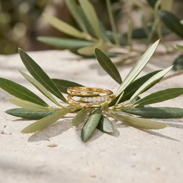 Two thin yellow gold bands resting on an olive branch