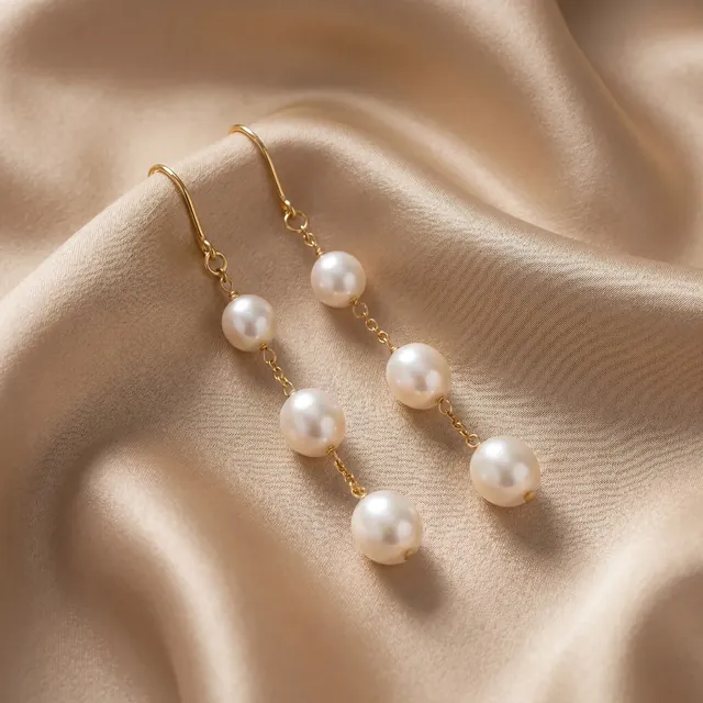 Gold earrings with three pearls each on cream satin