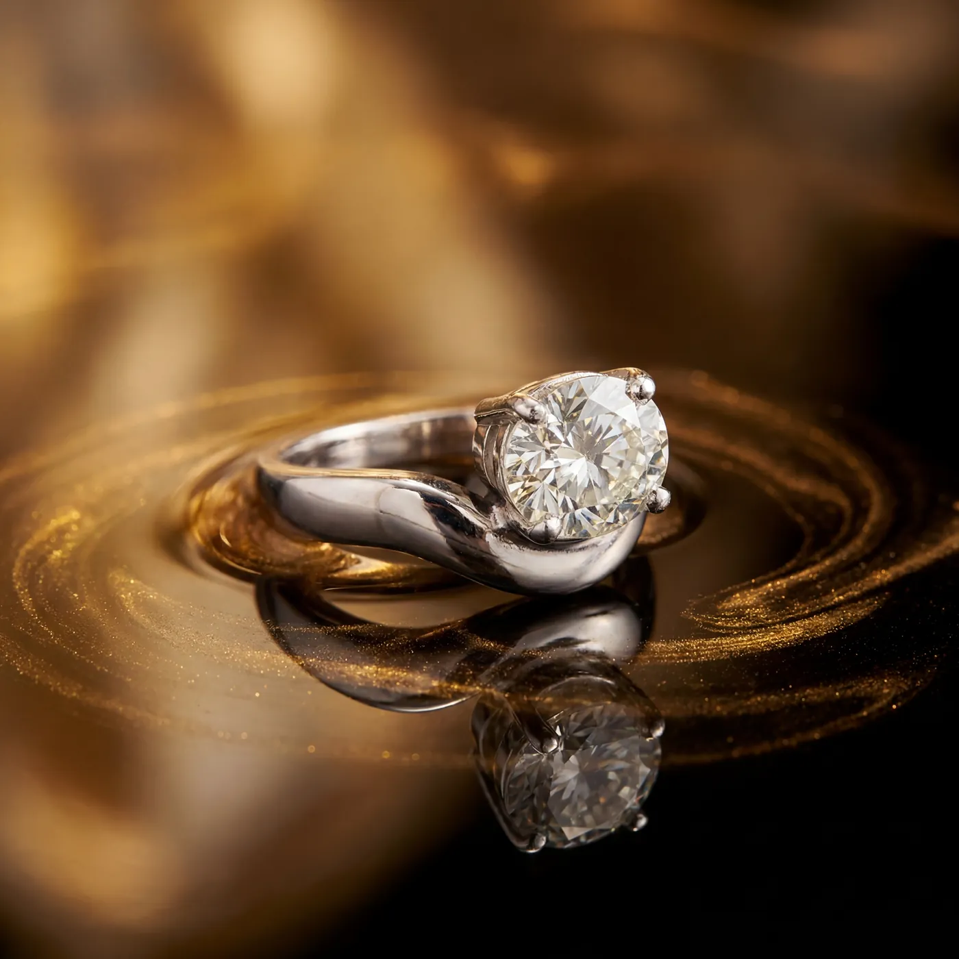 A two tone bypass ring with a diamond, on rippled gold light