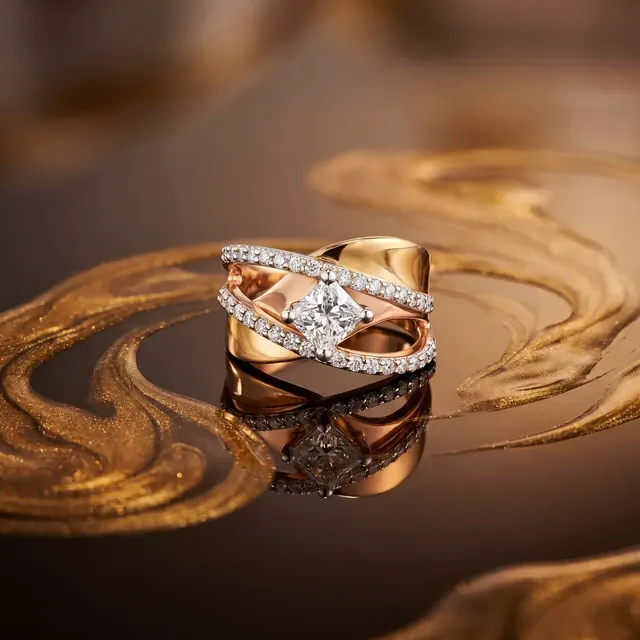 A stack of rose and white gold diamond rings on gold swirls