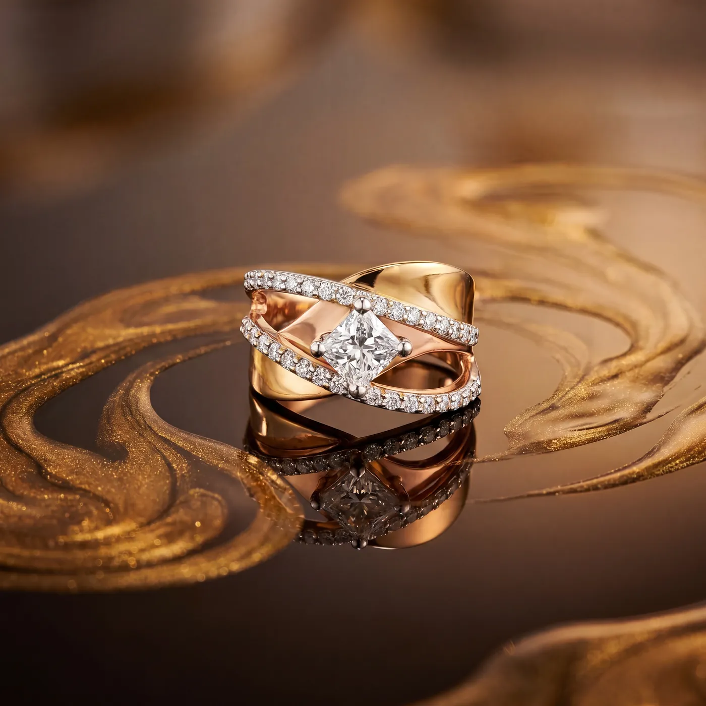 A stack of two tone gold rings