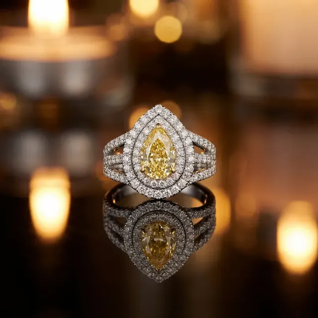A yellow pear diamond double halo ring by candlelight