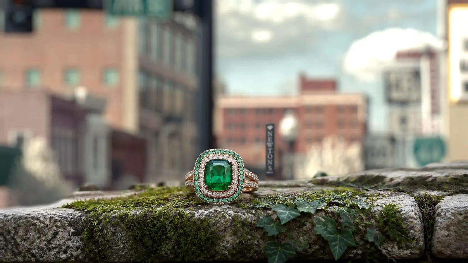 An emerald double halo ring on a stone ledge, with downtown Joplin behind it